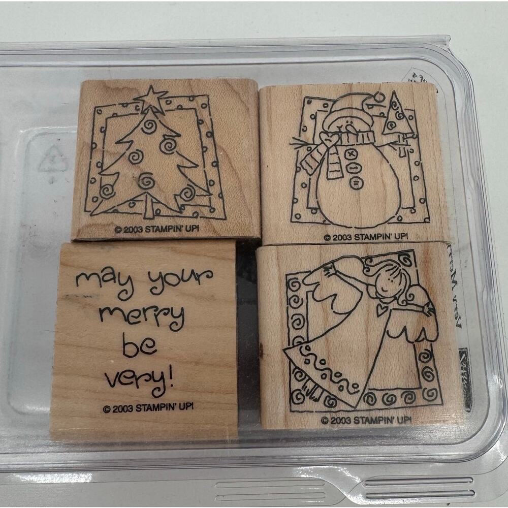 Stampin' Up! Very Merry 2003 Retired Vintage Wood Stamp Set Tree Snowman Angel